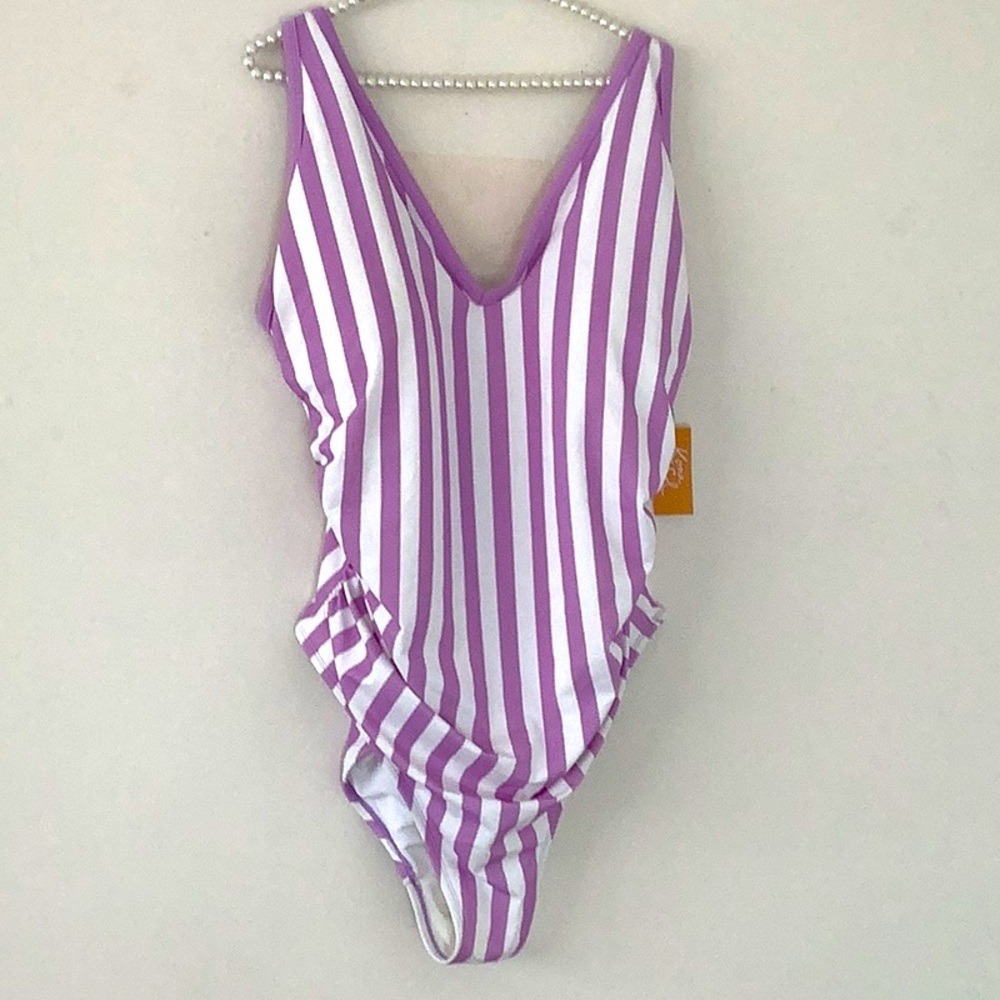 Kona Sol Purple and White Striped One-Piece Swimsuit